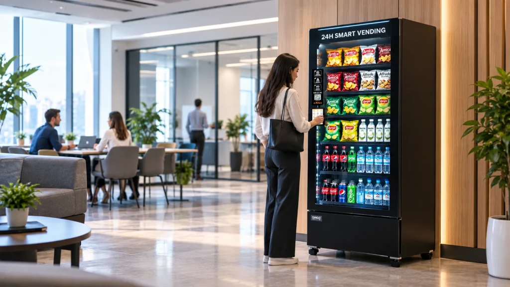 QINGO AI vending machines operating in a commercial setting, such as an office, hotel, factory, or residential building